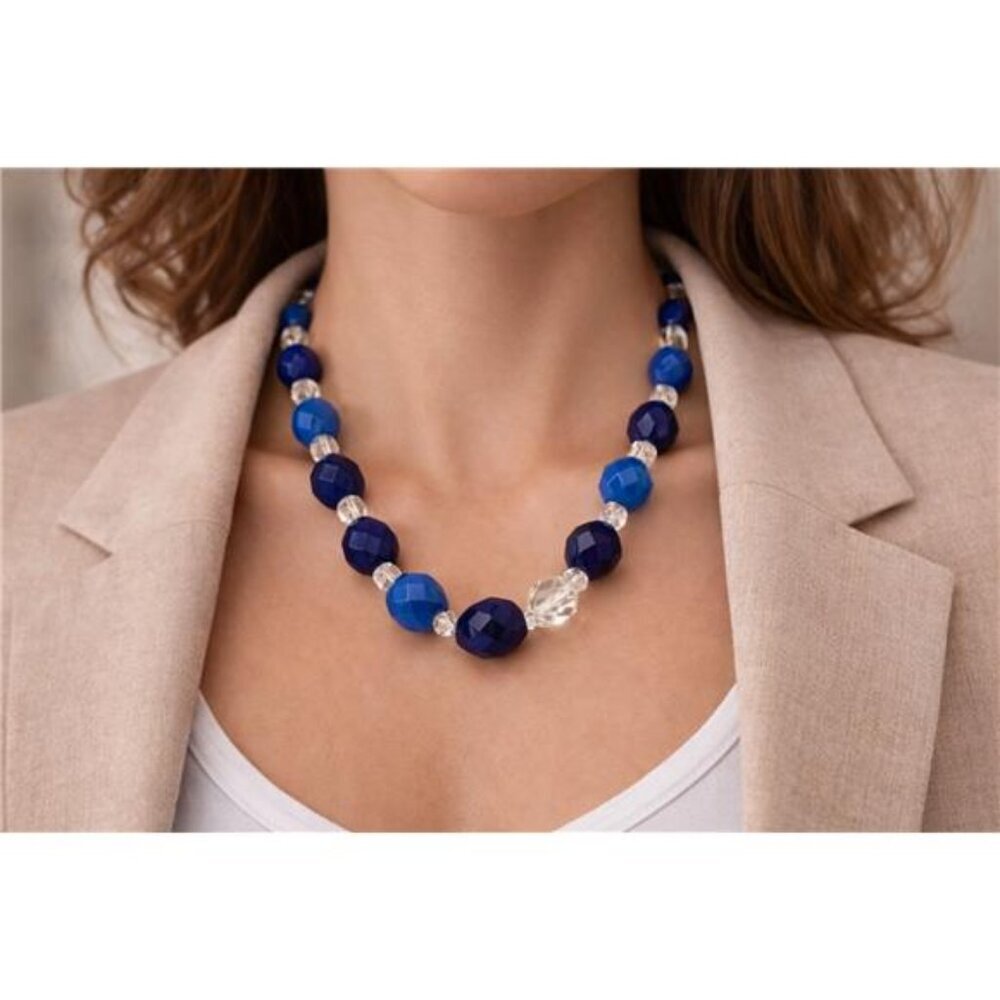 Blue Clear Faceted Acrylic Bead Necklace 25 In Chunky Statement Gold Tone Clasp